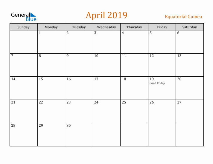 April 2019 Holiday Calendar with Sunday Start