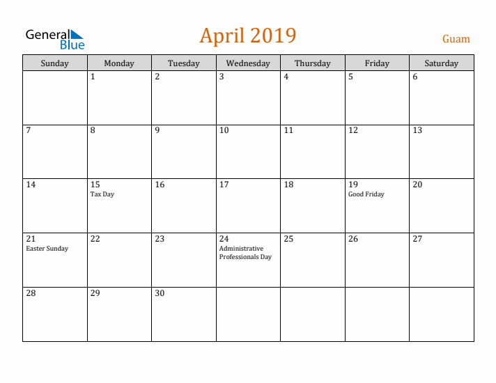 April 2019 Holiday Calendar with Sunday Start