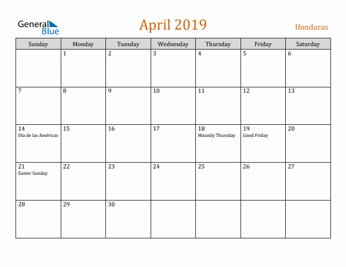 April 2019 Holiday Calendar with Sunday Start