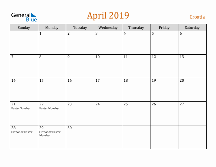 April 2019 Holiday Calendar with Sunday Start