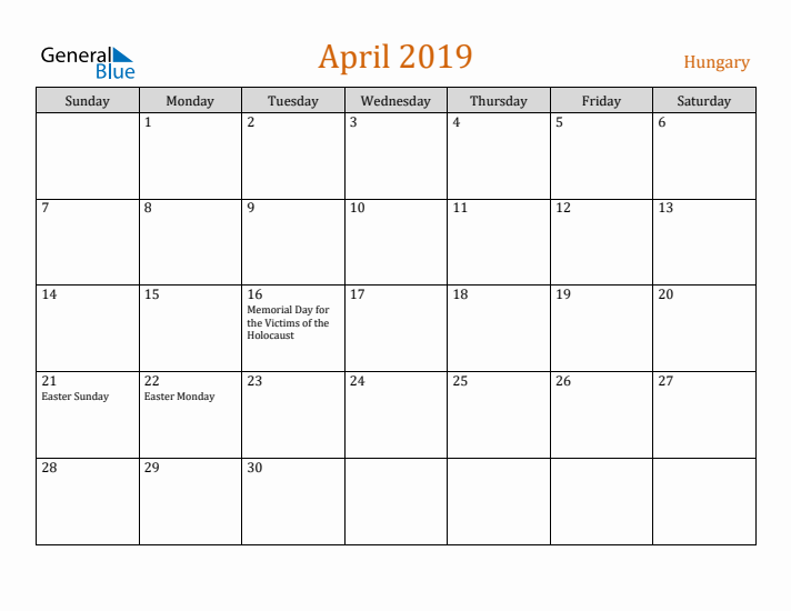 April 2019 Holiday Calendar with Sunday Start