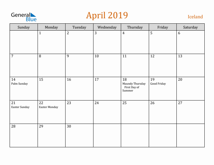 April 2019 Holiday Calendar with Sunday Start