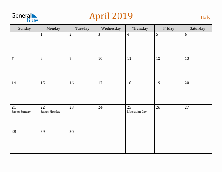 April 2019 Holiday Calendar with Sunday Start