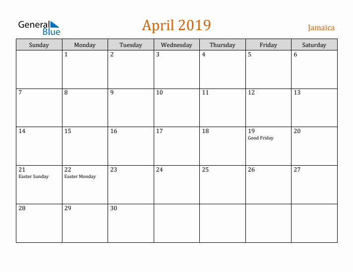 April 2019 Holiday Calendar with Sunday Start