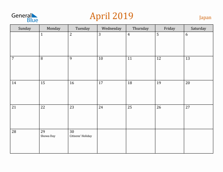 April 2019 Holiday Calendar with Sunday Start