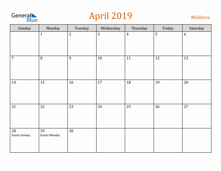 April 2019 Holiday Calendar with Sunday Start