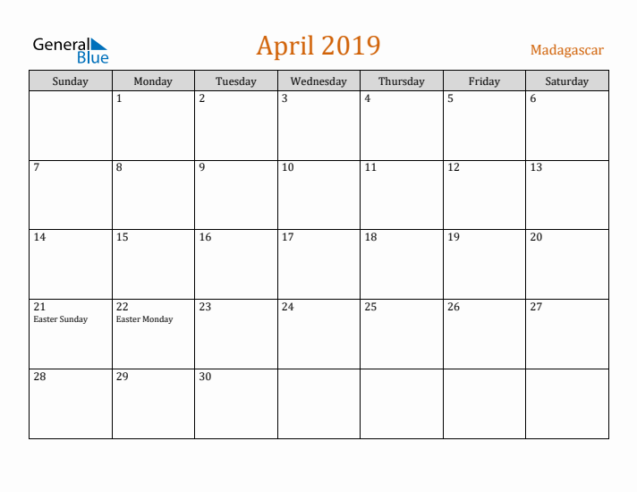 April 2019 Holiday Calendar with Sunday Start