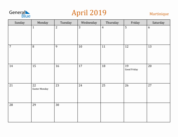 April 2019 Holiday Calendar with Sunday Start