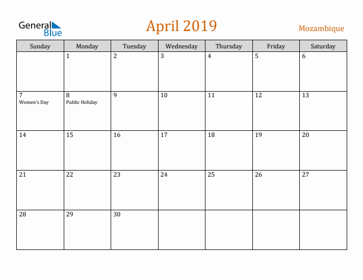 April 2019 Holiday Calendar with Sunday Start