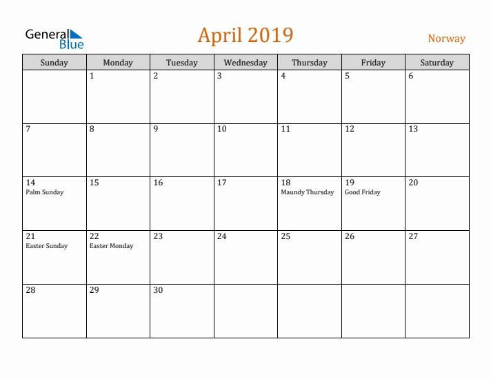 April 2019 Holiday Calendar with Sunday Start