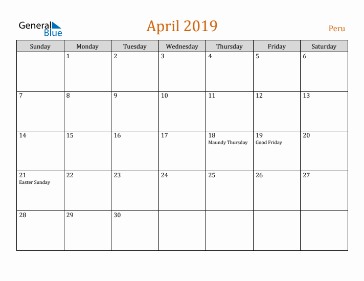 April 2019 Holiday Calendar with Sunday Start