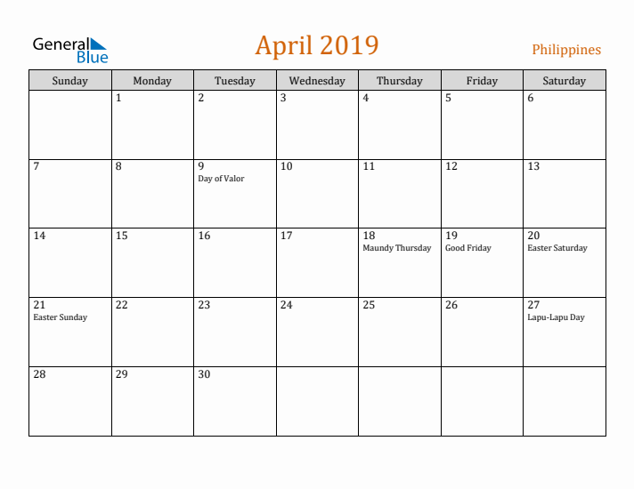 April 2019 Holiday Calendar with Sunday Start