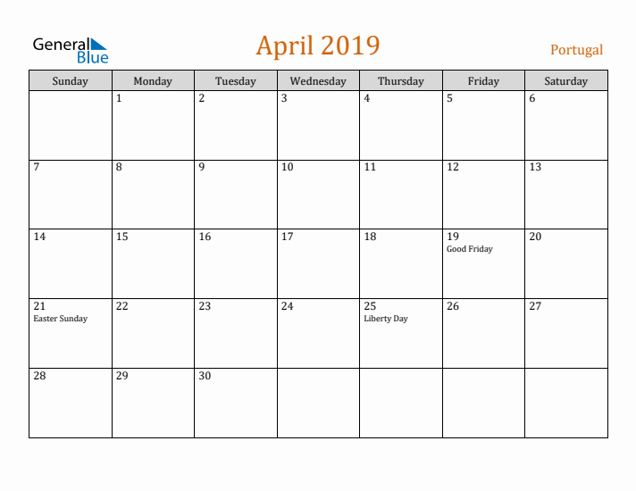 April 2019 Holiday Calendar with Sunday Start