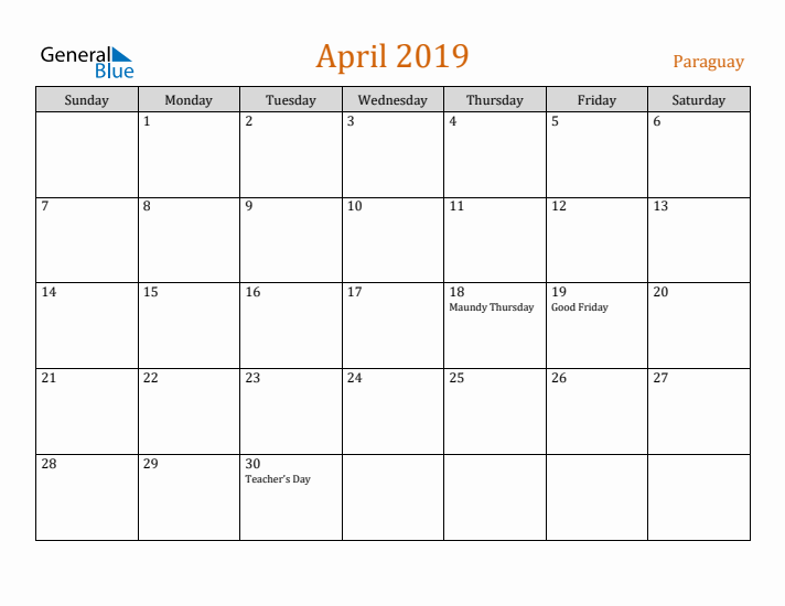 April 2019 Holiday Calendar with Sunday Start