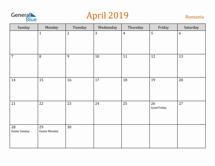 April 2019 Holiday Calendar with Sunday Start