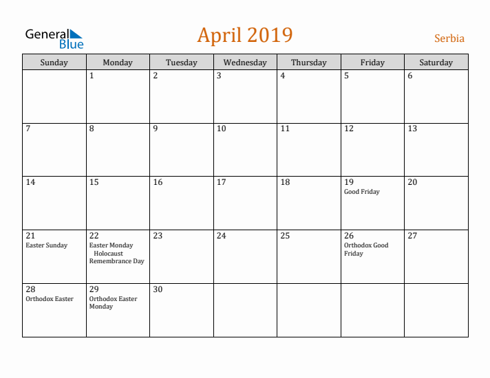 April 2019 Holiday Calendar with Sunday Start