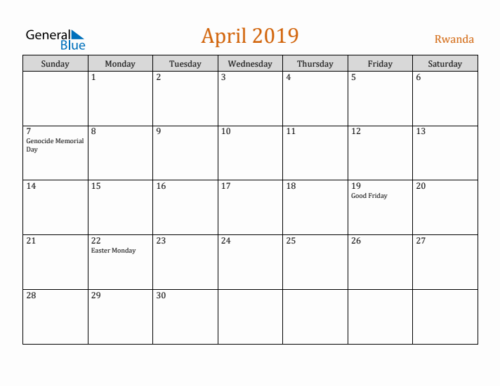 April 2019 Holiday Calendar with Sunday Start