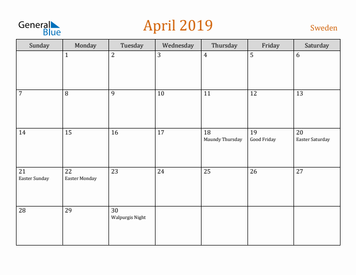 April 2019 Holiday Calendar with Sunday Start