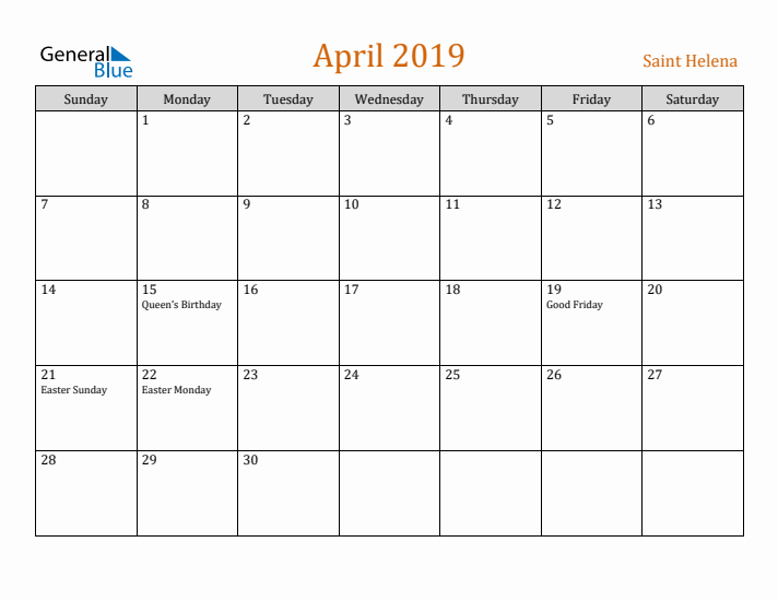 April 2019 Holiday Calendar with Sunday Start