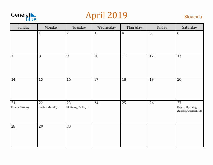 April 2019 Holiday Calendar with Sunday Start