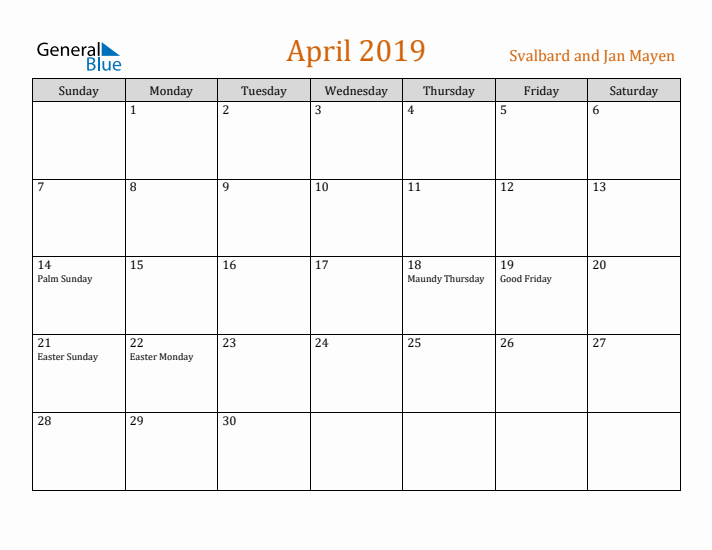 April 2019 Holiday Calendar with Sunday Start