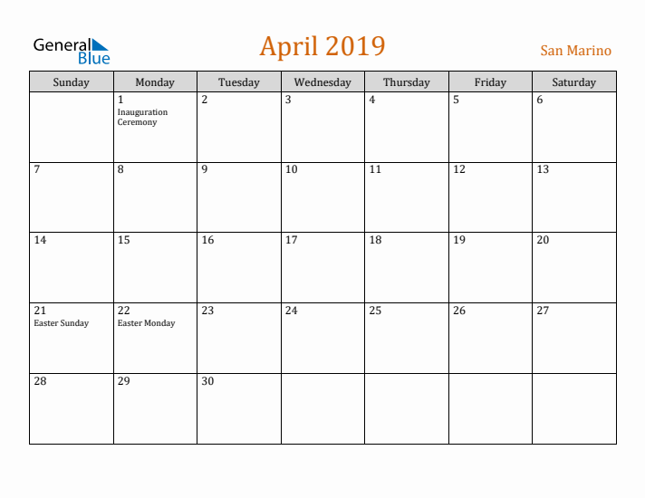 April 2019 Holiday Calendar with Sunday Start