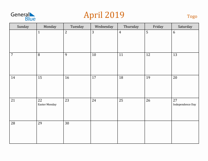 April 2019 Holiday Calendar with Sunday Start