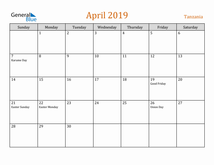 April 2019 Holiday Calendar with Sunday Start