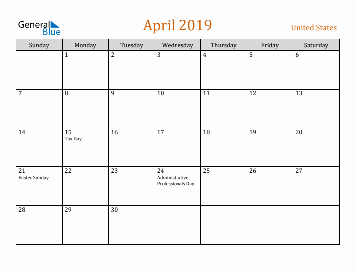 April 2019 Holiday Calendar with Sunday Start