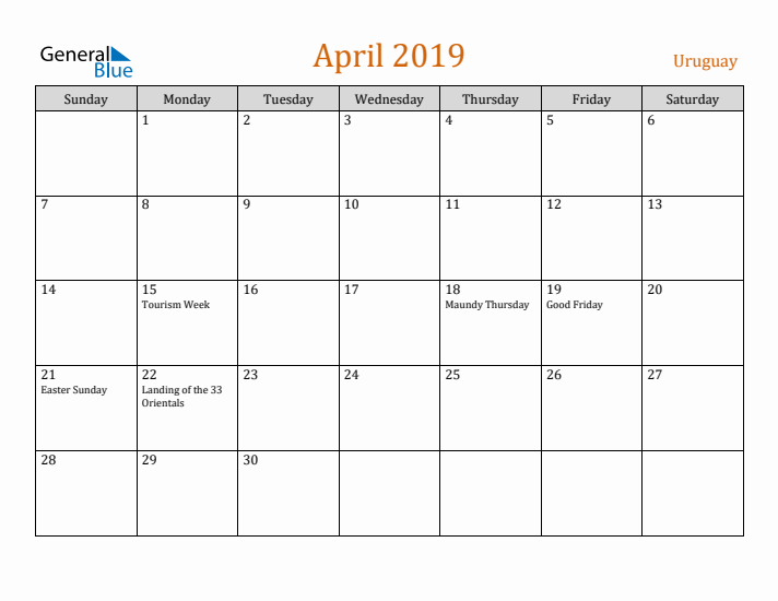 April 2019 Holiday Calendar with Sunday Start