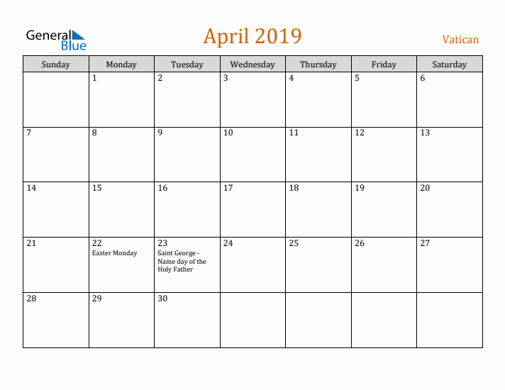 April 2019 Holiday Calendar with Sunday Start