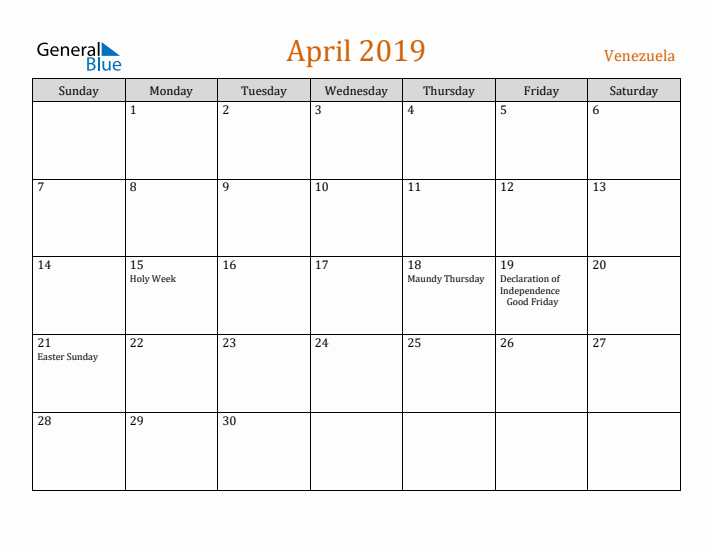 April 2019 Holiday Calendar with Sunday Start