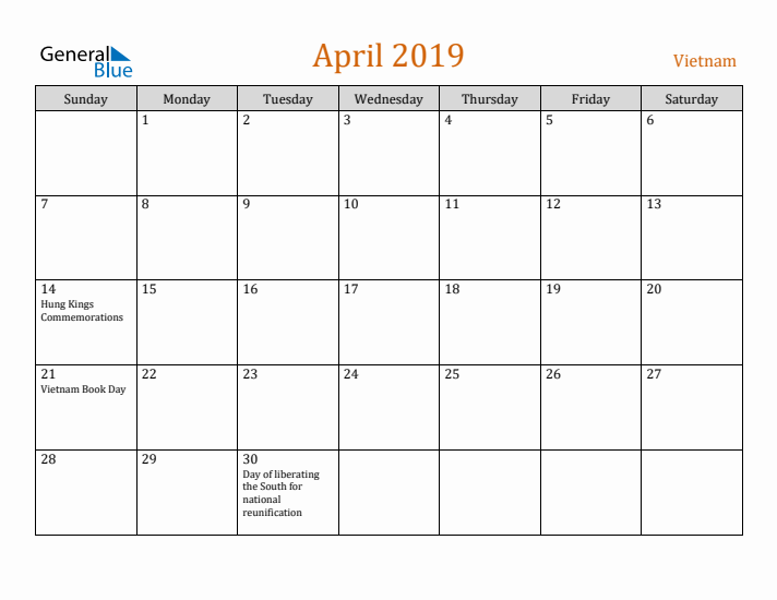 April 2019 Holiday Calendar with Sunday Start