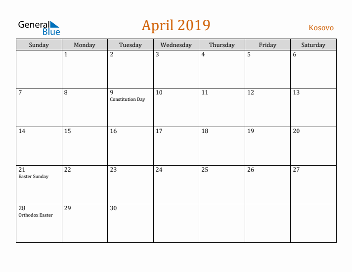 April 2019 Holiday Calendar with Sunday Start