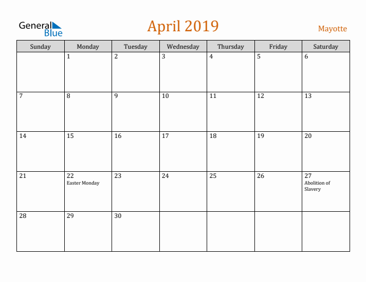 April 2019 Holiday Calendar with Sunday Start