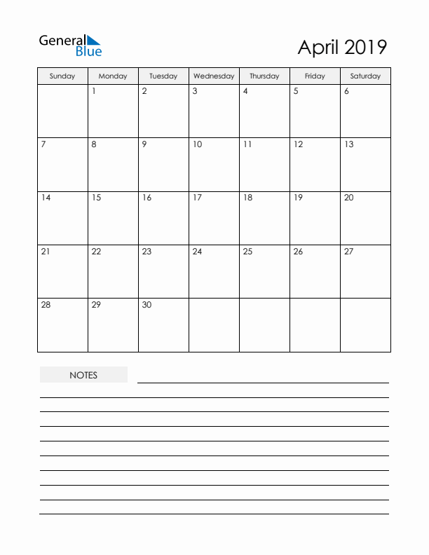 Printable Calendar with Notes - April 2019 