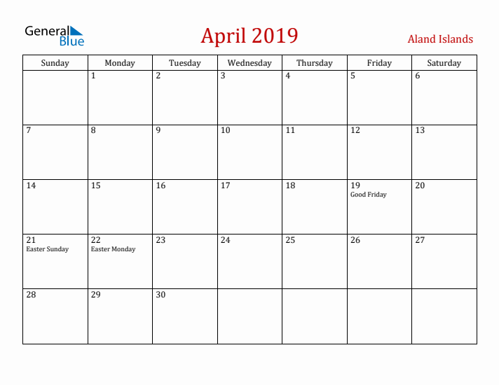 Aland Islands April 2019 Calendar - Sunday Start