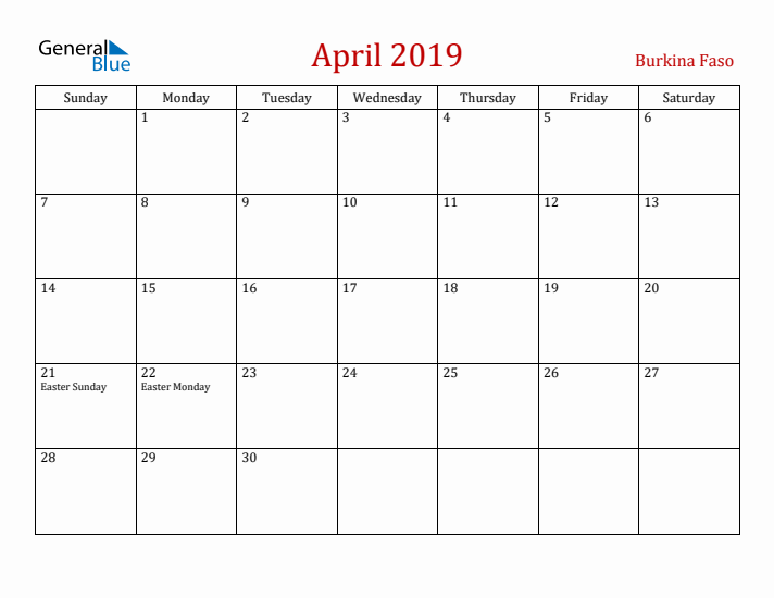 Burkina Faso April 2019 Calendar - Sunday Start