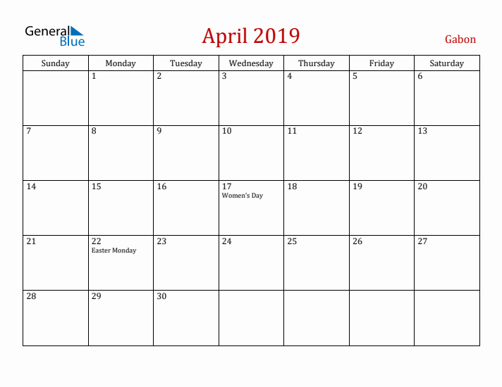 Gabon April 2019 Calendar - Sunday Start