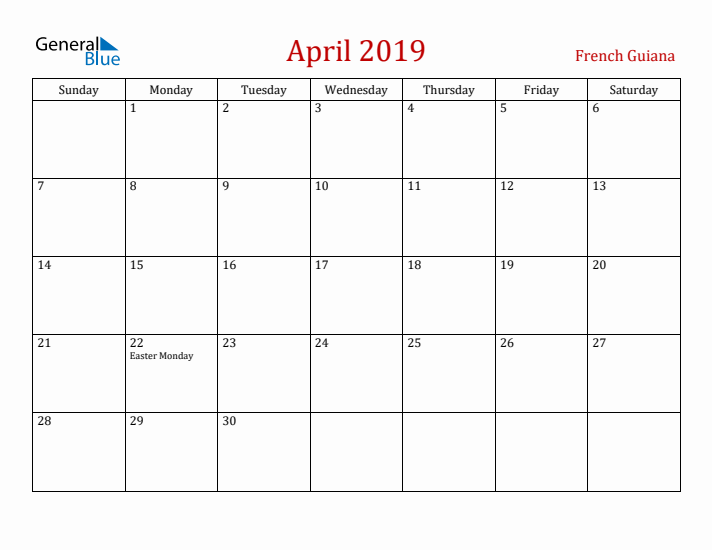 French Guiana April 2019 Calendar - Sunday Start