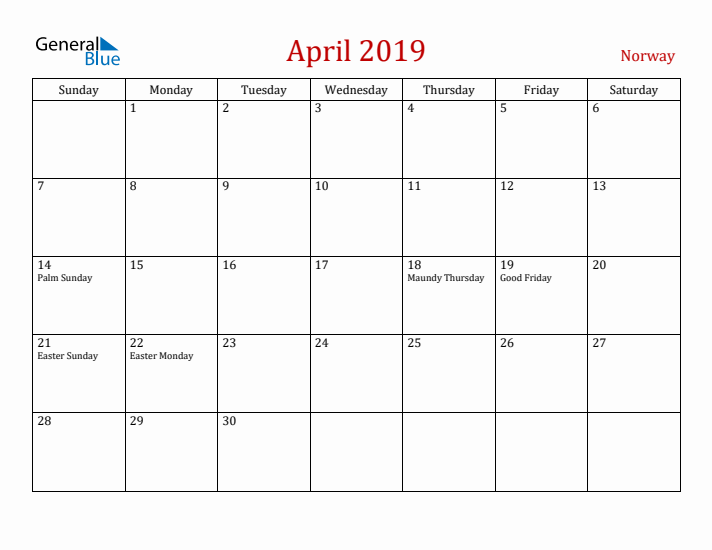 Norway April 2019 Calendar - Sunday Start