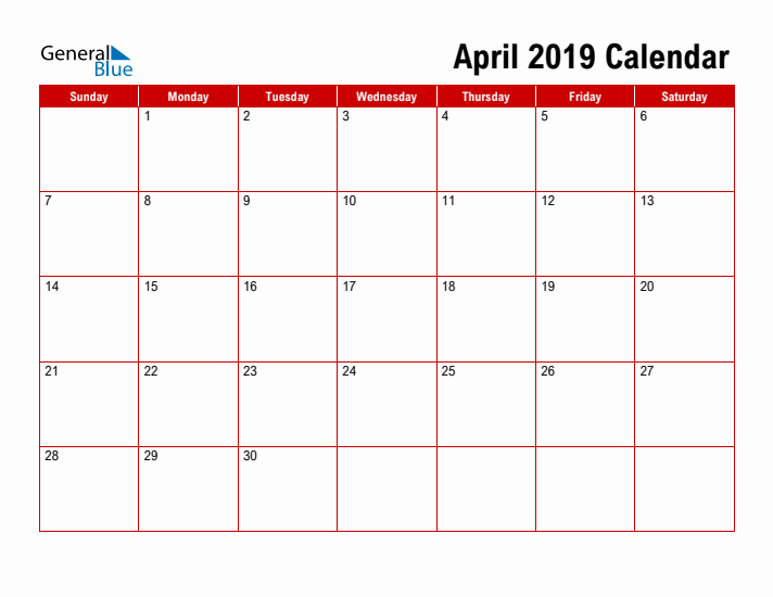 Simple Monthly Calendar - April 2019