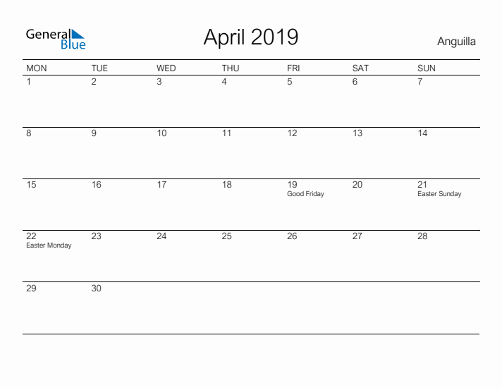 Printable April 2019 Calendar for Anguilla