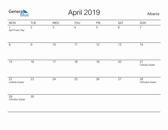 Printable April 2019 Calendar for Albania