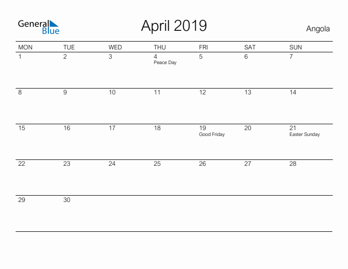 Printable April 2019 Calendar for Angola