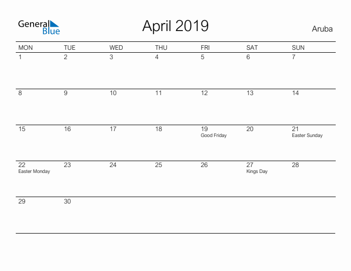 Printable April 2019 Calendar for Aruba