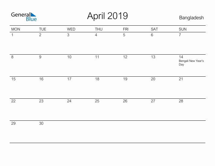 Printable April 2019 Calendar for Bangladesh