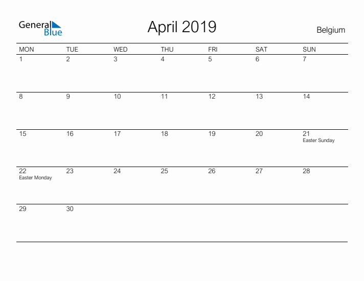 Printable April 2019 Calendar for Belgium