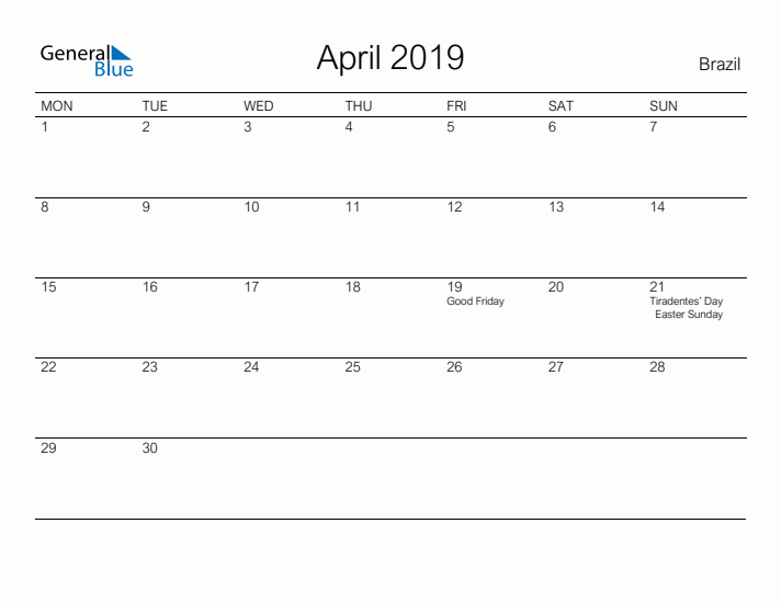 Printable April 2019 Calendar for Brazil