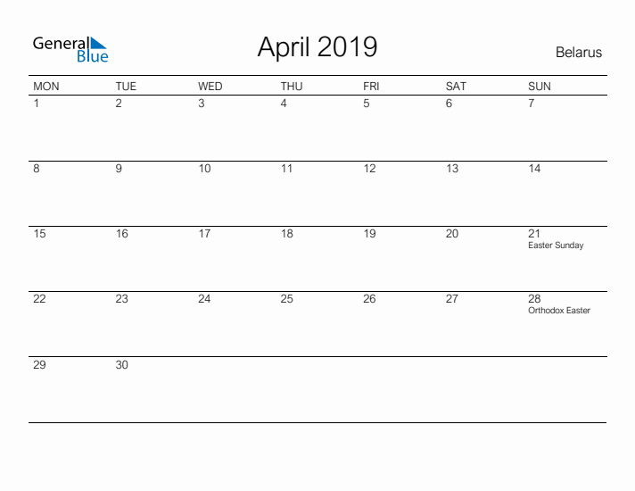 Printable April 2019 Calendar for Belarus